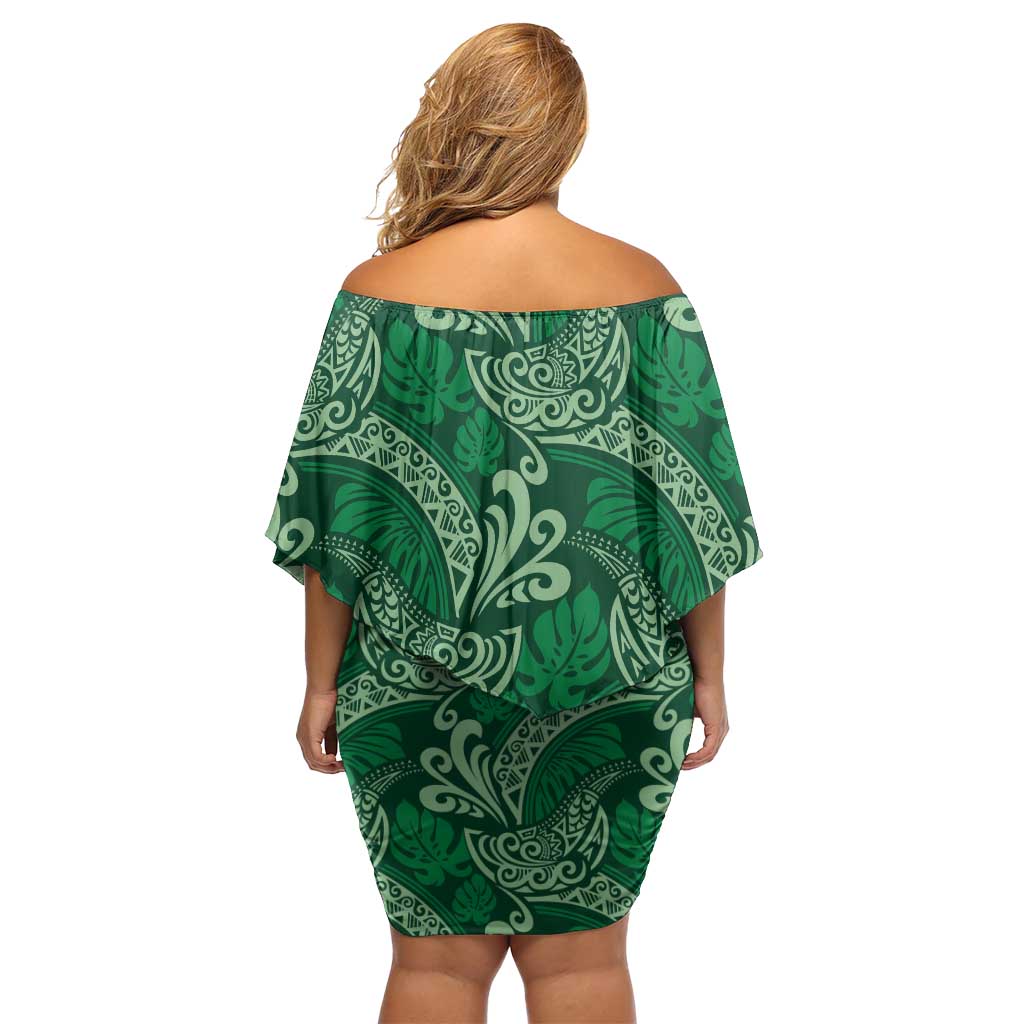 Forest Green Monstera Off Shoulder Short Dress Polynesian Tribal Pattern LT01 - Polynesian Pride