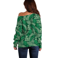 Forest Green Monstera Off Shoulder Sweater Polynesian Tribal Pattern - Polynesian Pride