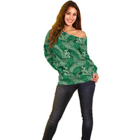 Forest Green Monstera Off Shoulder Sweater Polynesian Tribal Pattern - Polynesian Pride