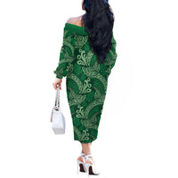 Forest Green Monstera Off The Shoulder Long Sleeve Dress Polynesian Tribal Pattern LT01 - Polynesian Pride