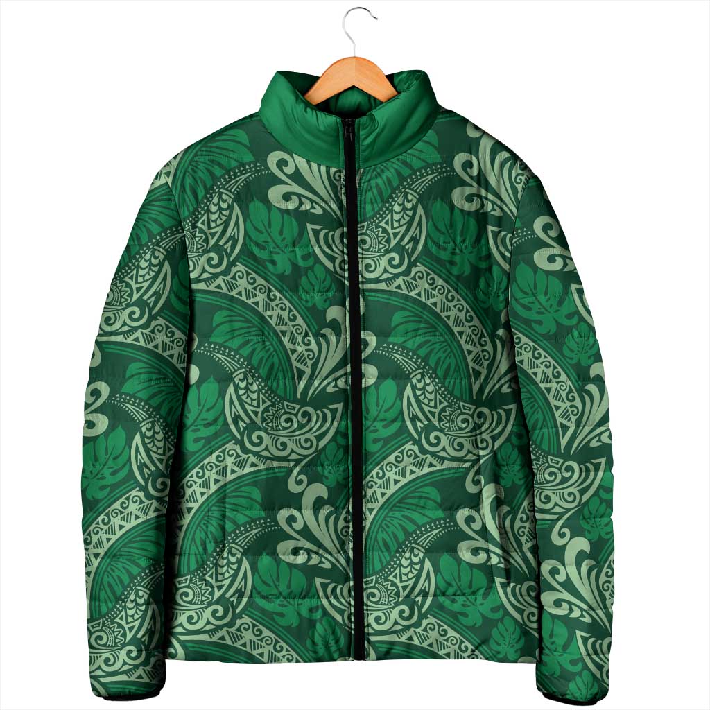 Forest Green Monstera Padded Jacket Polynesian Tribal Pattern LT01 - Polynesian Pride