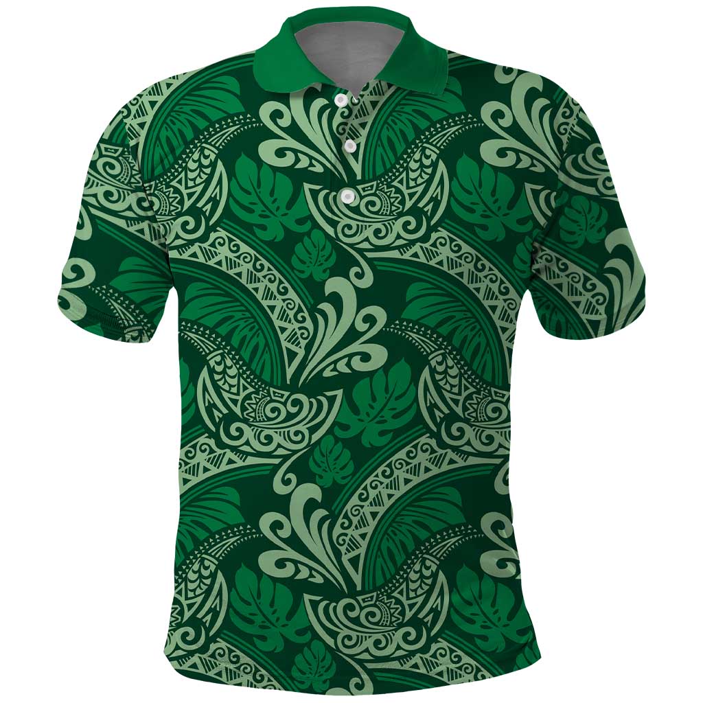 Forest Green Monstera Polo Shirt Polynesian Tribal Pattern LT01 Green - Polynesian Pride