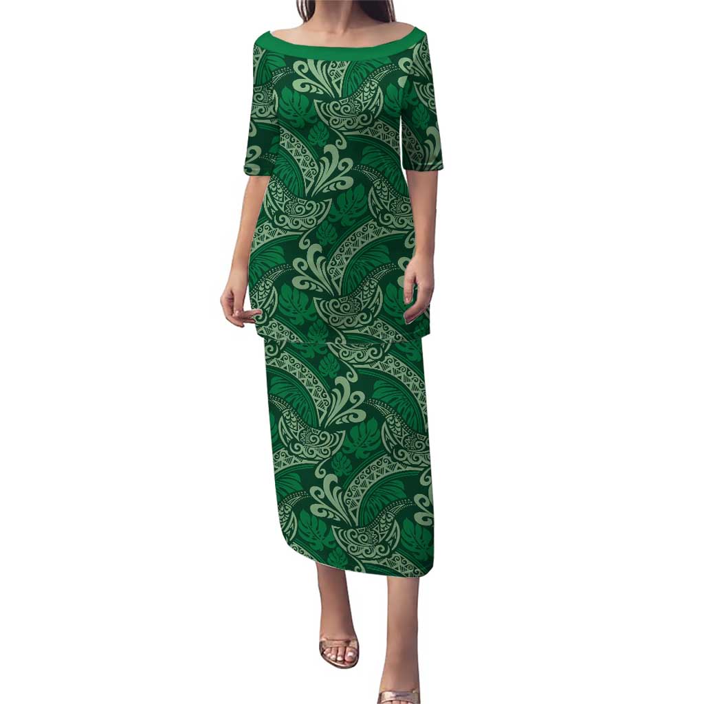 Forest Green Monstera Puletasi Polynesian Tribal Pattern LT01 Long Dress Green - Polynesian Pride