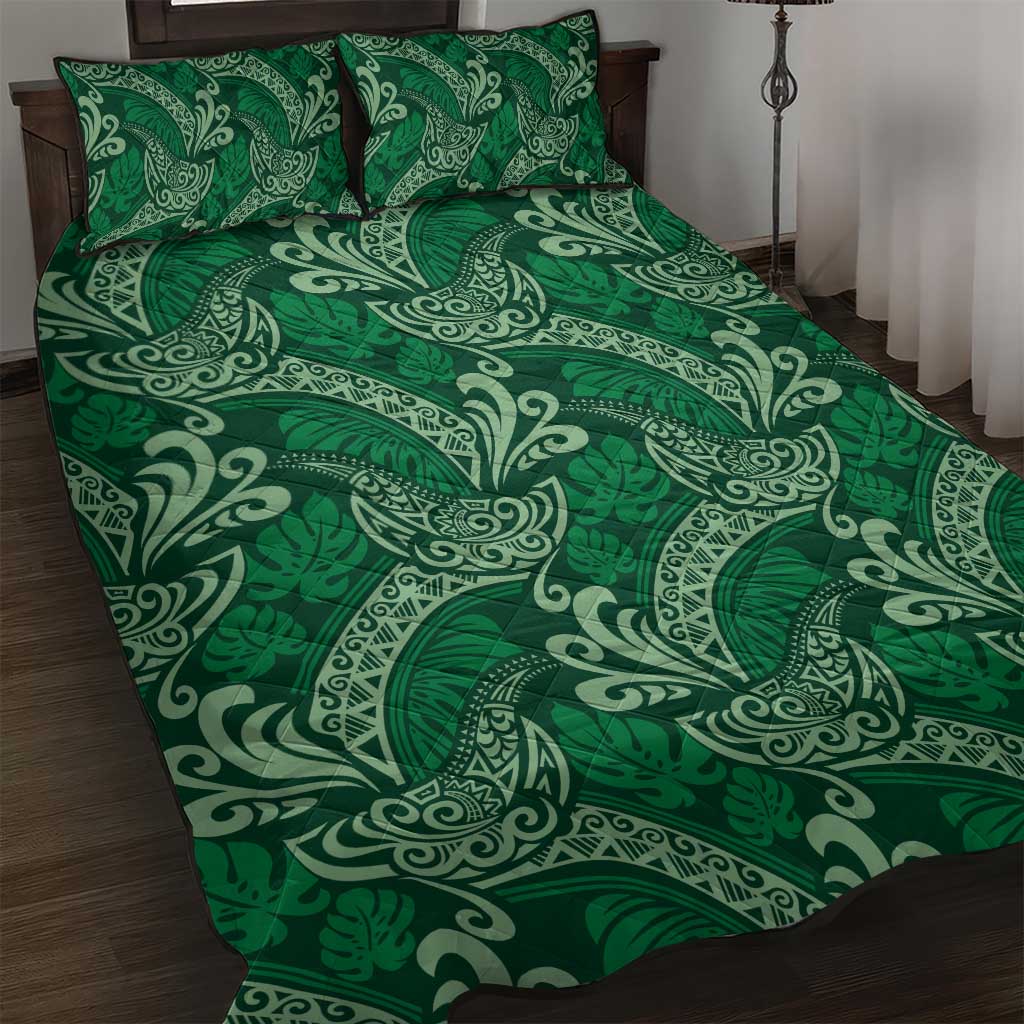Forest Green Monstera Quilt Bed Set Polynesian Tribal Pattern - Polynesian Pride
