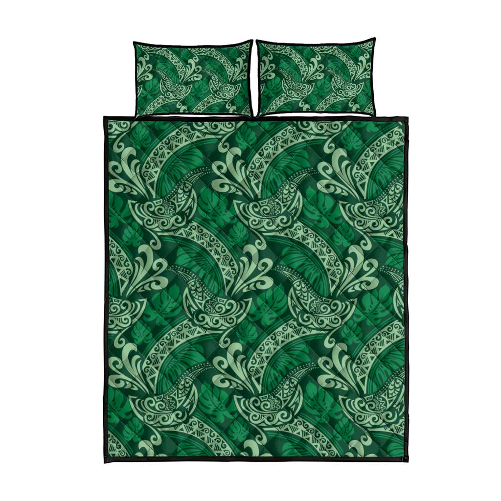 Forest Green Monstera Quilt Bed Set Polynesian Tribal Pattern - Polynesian Pride