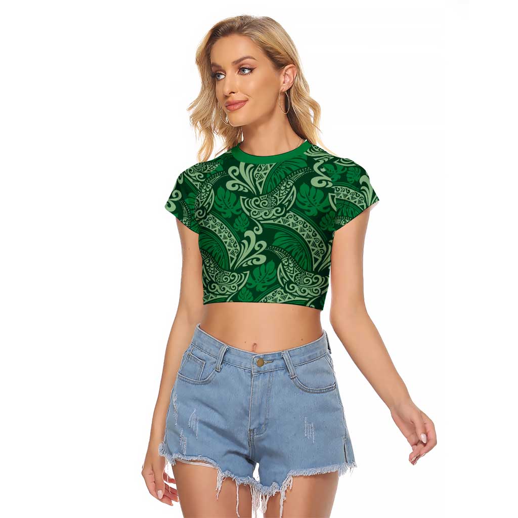 Forest Green Monstera Raglan Cropped T Shirt Polynesian Tribal Pattern LT01 Female Green - Polynesian Pride