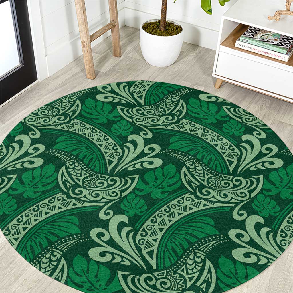 Forest Green Monstera Round Carpet Polynesian Tribal Pattern - Polynesian Pride