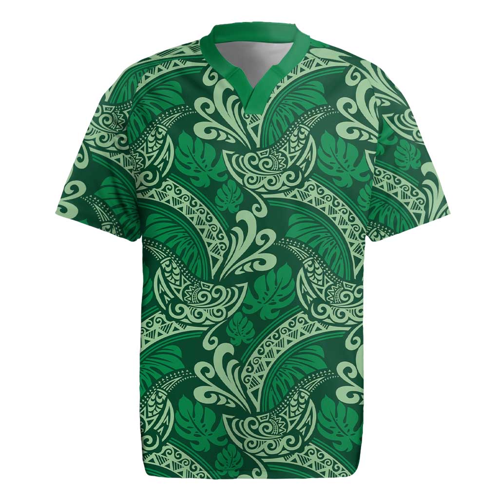 Forest Green Monstera Rugby Jersey Polynesian Tribal Pattern - Polynesian Pride