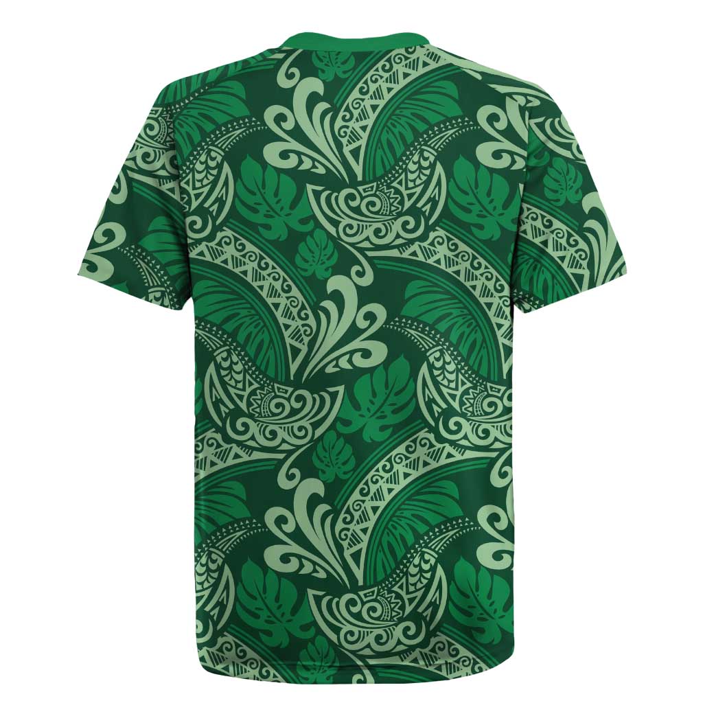 Forest Green Monstera Rugby Jersey Polynesian Tribal Pattern - Polynesian Pride