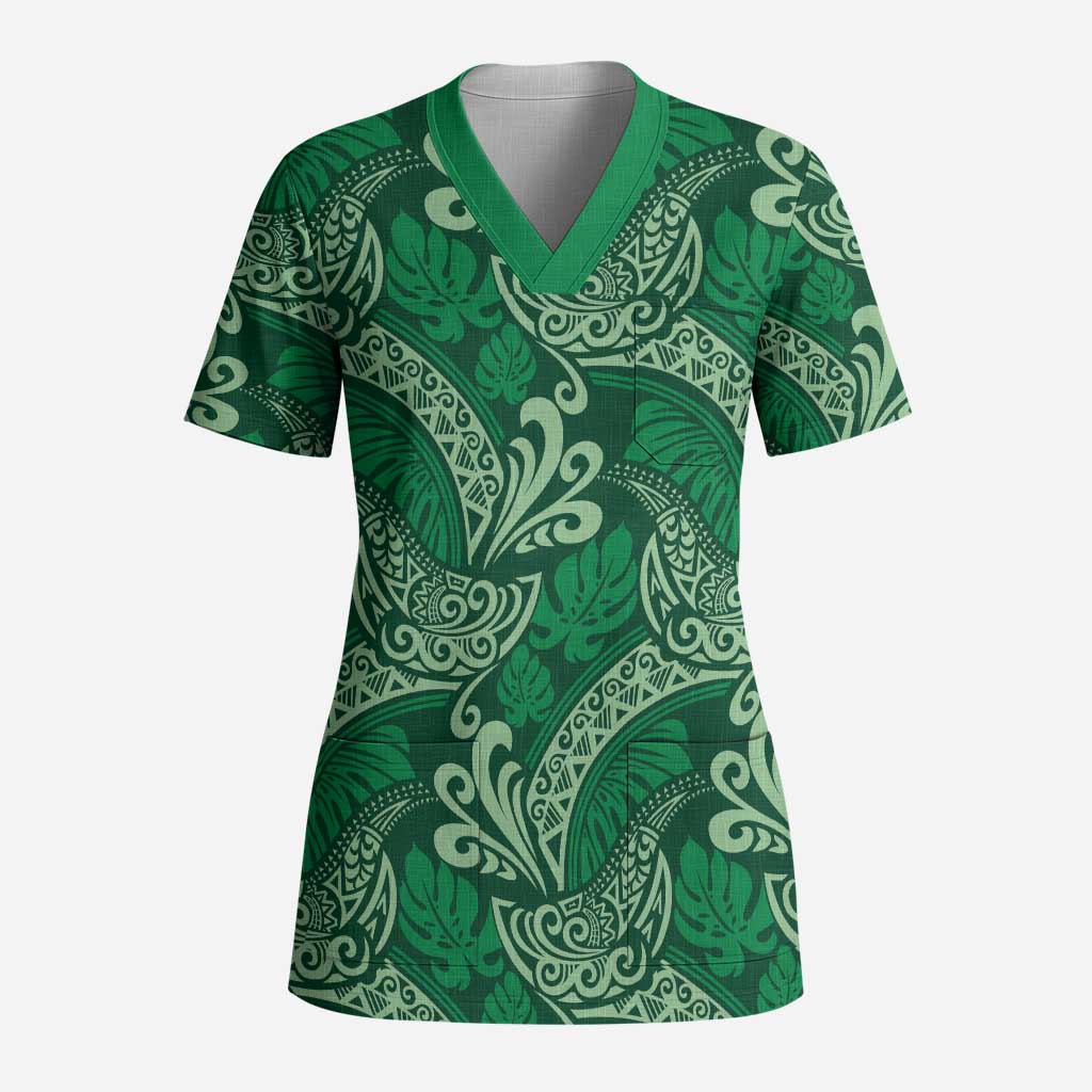 Forest Green Monstera Scrub Top - Polynesian Tribal Pattern LT01 Adult Green - Polynesian Pride