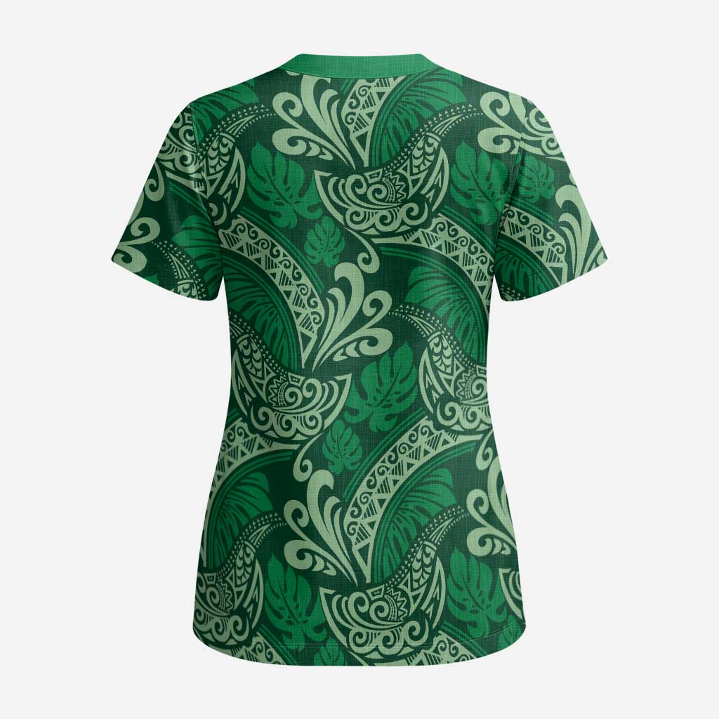 Forest Green Monstera Scrub Top - Polynesian Tribal Pattern LT01 - Polynesian Pride