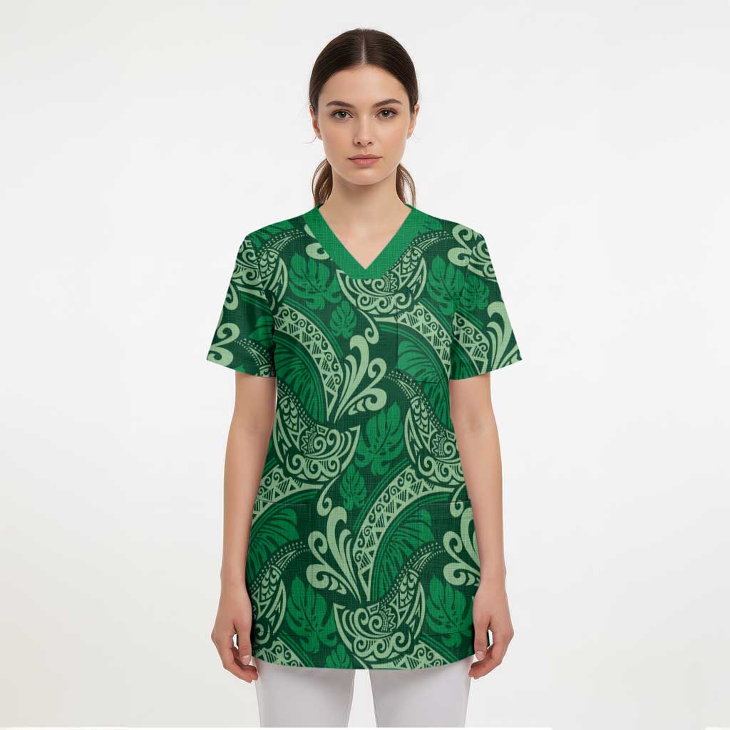 Forest Green Monstera Scrub Top - Polynesian Tribal Pattern LT01 - Polynesian Pride