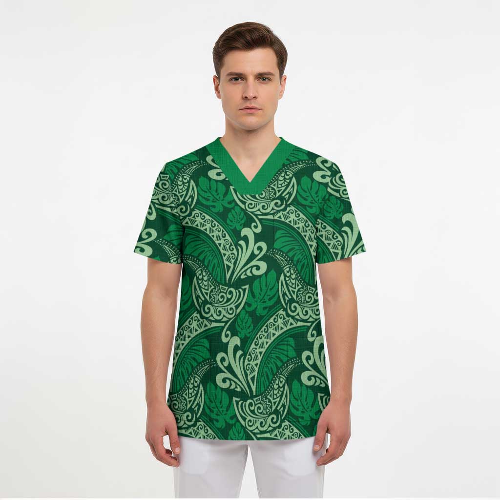 Forest Green Monstera Scrub Top - Polynesian Tribal Pattern LT01 - Polynesian Pride
