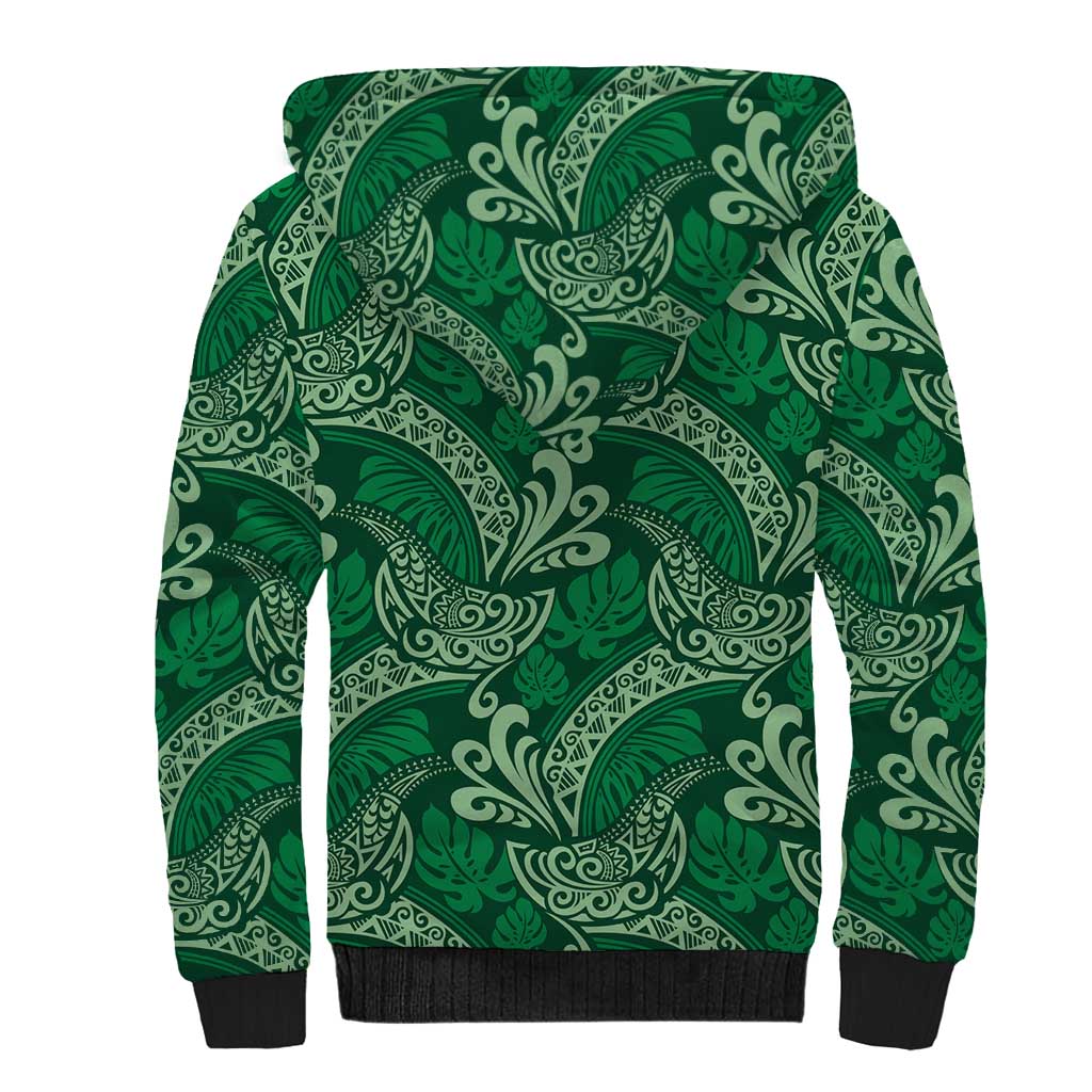 Forest Green Monstera Sherpa Hoodie Polynesian Tribal Pattern - Polynesian Pride