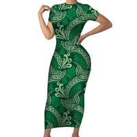 Forest Green Monstera Short Sleeve Bodycon Dress Polynesian Tribal Pattern LT01 Long Dress Green - Polynesian Pride