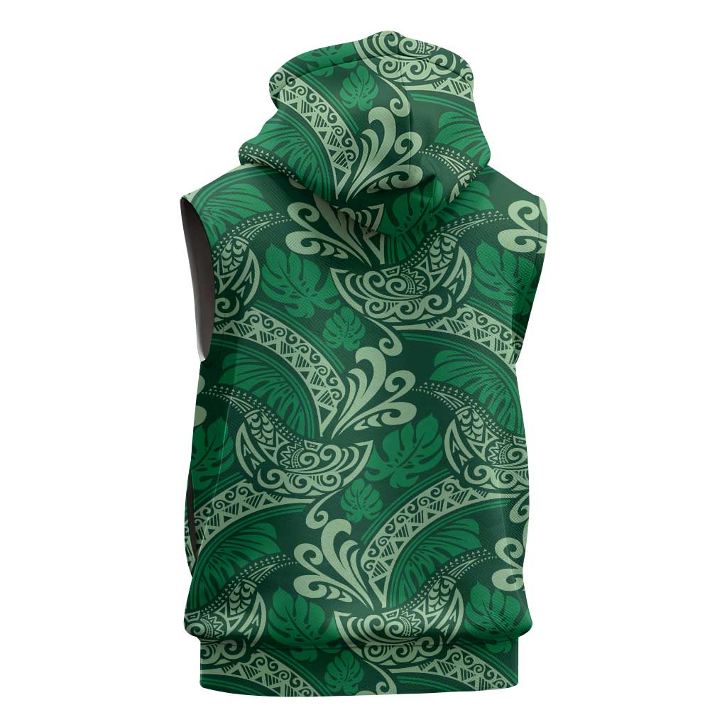 Forest Green Monstera Sleeveless Hoodie Polynesian Tribal Pattern LT01 - Polynesian Pride