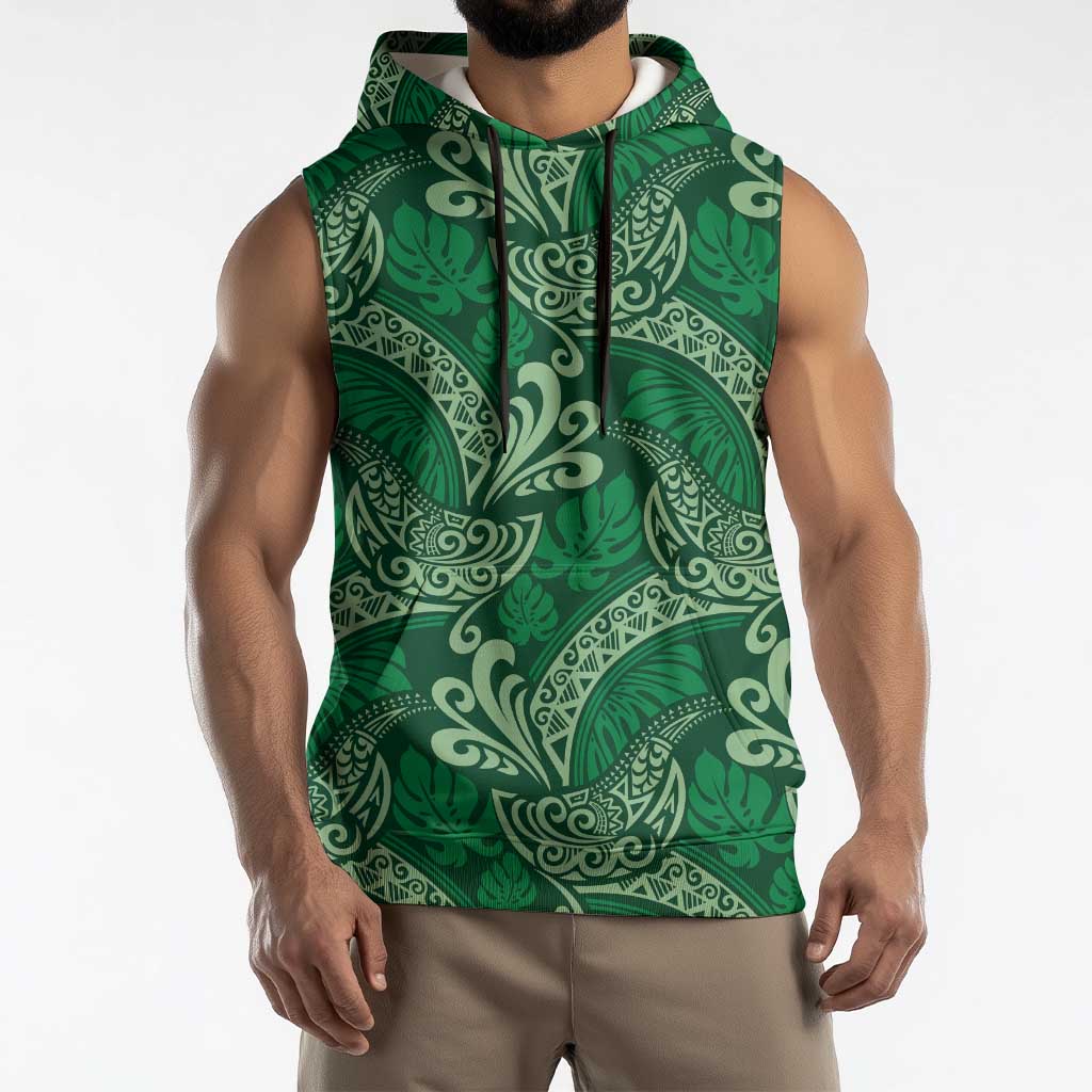 Forest Green Monstera Sleeveless Hoodie Polynesian Tribal Pattern LT01 - Polynesian Pride