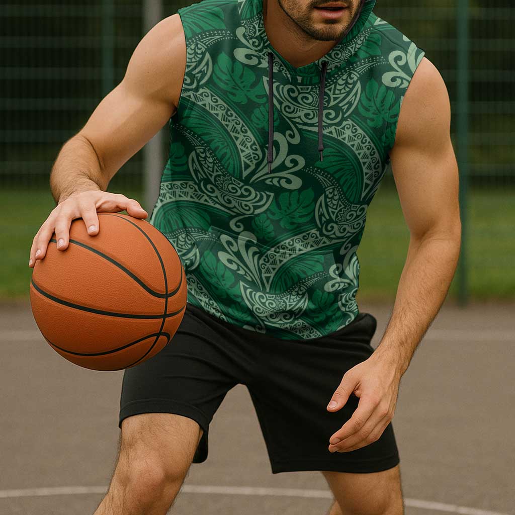 Forest Green Monstera Sleeveless Hoodie Polynesian Tribal Pattern LT01 - Polynesian Pride