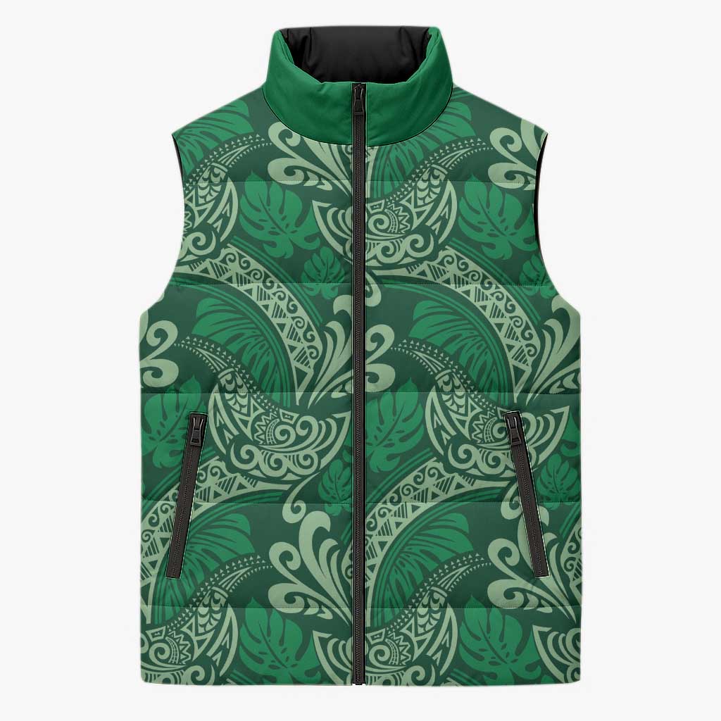 Forest Green Monstera Sleeveless Puffer Jacket Polynesian Tribal Pattern LT01 Unisex Green - Polynesian Pride