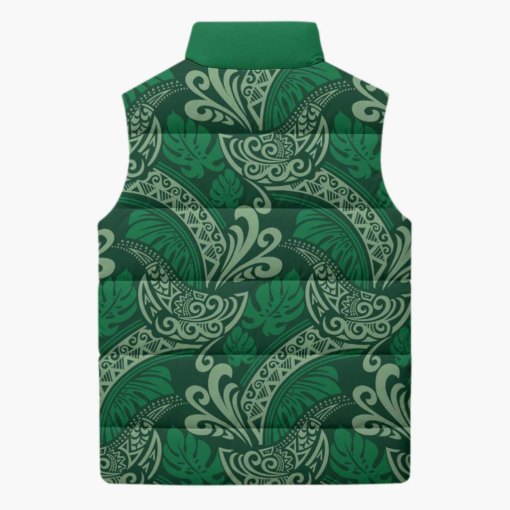 Forest Green Monstera Sleeveless Puffer Jacket Polynesian Tribal Pattern LT01 - Polynesian Pride