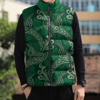 Forest Green Monstera Sleeveless Puffer Jacket Polynesian Tribal Pattern LT01 - Polynesian Pride