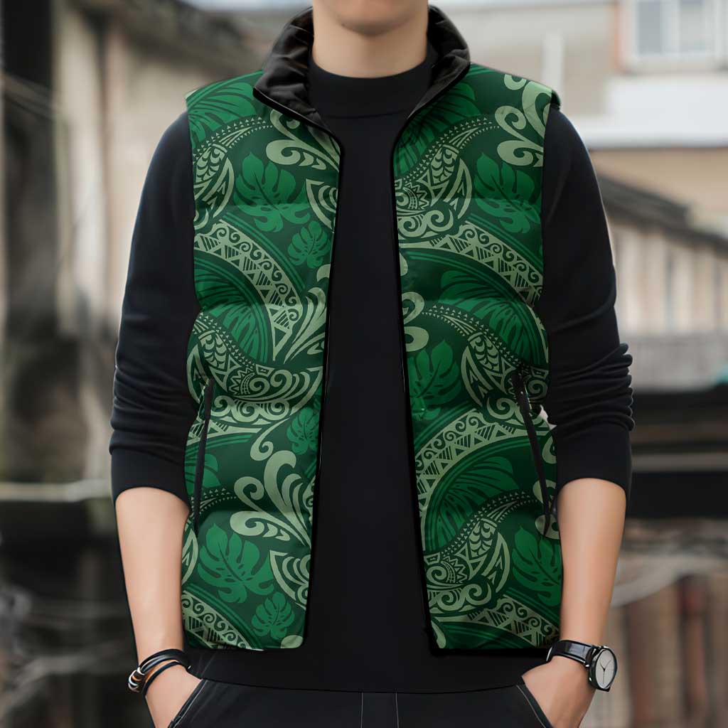 Forest Green Monstera Sleeveless Puffer Jacket Polynesian Tribal Pattern LT01 - Polynesian Pride