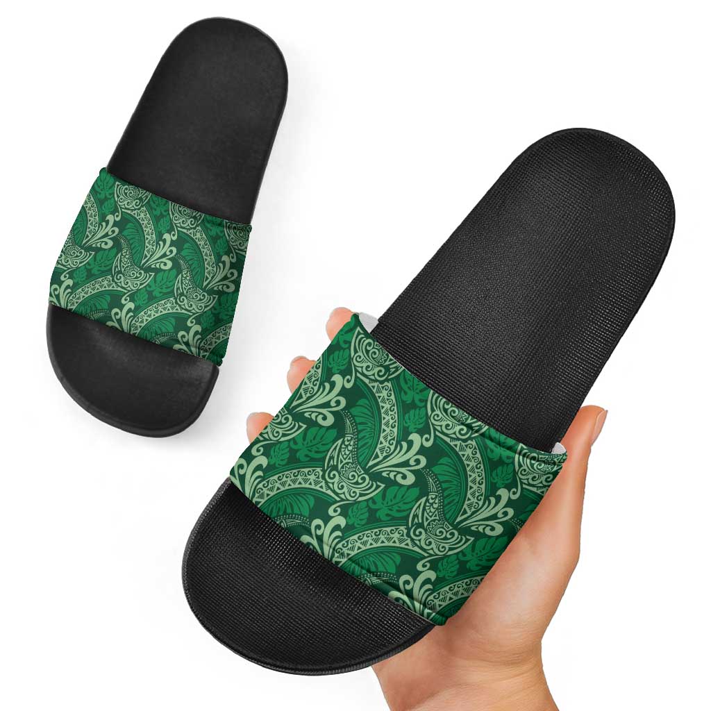 Forest Green Monstera Slide Sandals Polynesian Tribal Pattern - Polynesian Pride