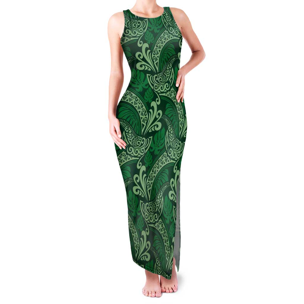 Forest Green Monstera Tank Maxi Dress Polynesian Tribal Pattern LT01 Women Green - Polynesian Pride