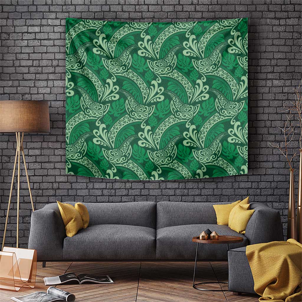 Forest Green Monstera Tapestry Polynesian Tribal Pattern - Polynesian Pride