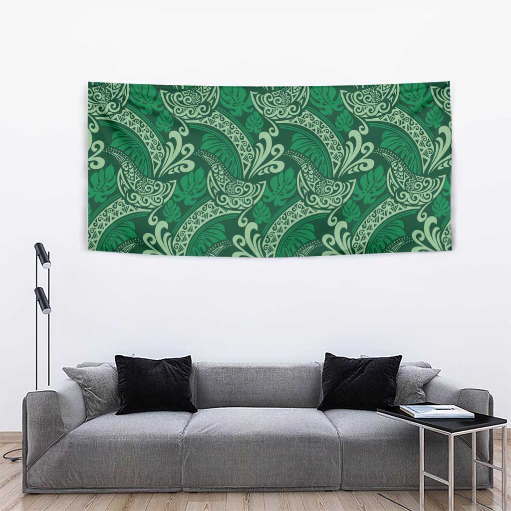 Forest Green Monstera Tapestry Polynesian Tribal Pattern - Polynesian Pride