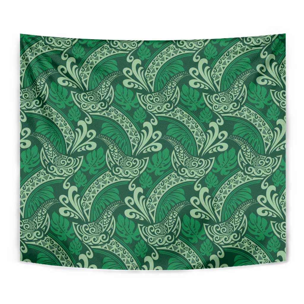 Forest Green Monstera Tapestry Polynesian Tribal Pattern - Polynesian Pride