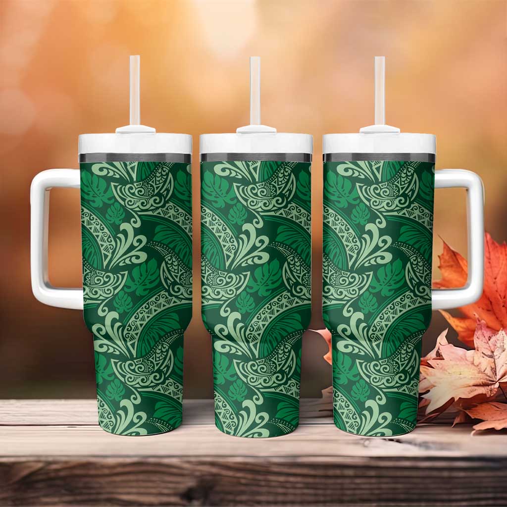 Forest Green Monstera Tumbler With Handle Polynesian Tribal Pattern - Polynesian Pride