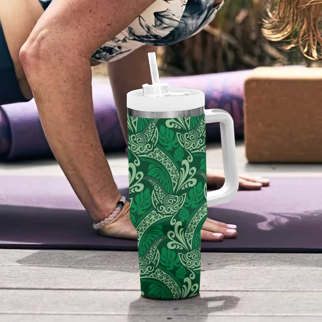 Forest Green Monstera Tumbler With Handle Polynesian Tribal Pattern - Polynesian Pride