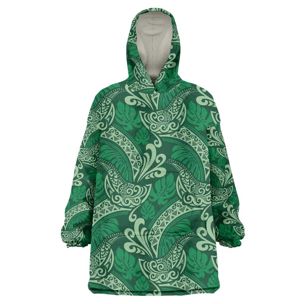 Forest Green Monstera Wearable Blanket Hoodie Polynesian Tribal Pattern LT01 One Size Green - Polynesian Pride