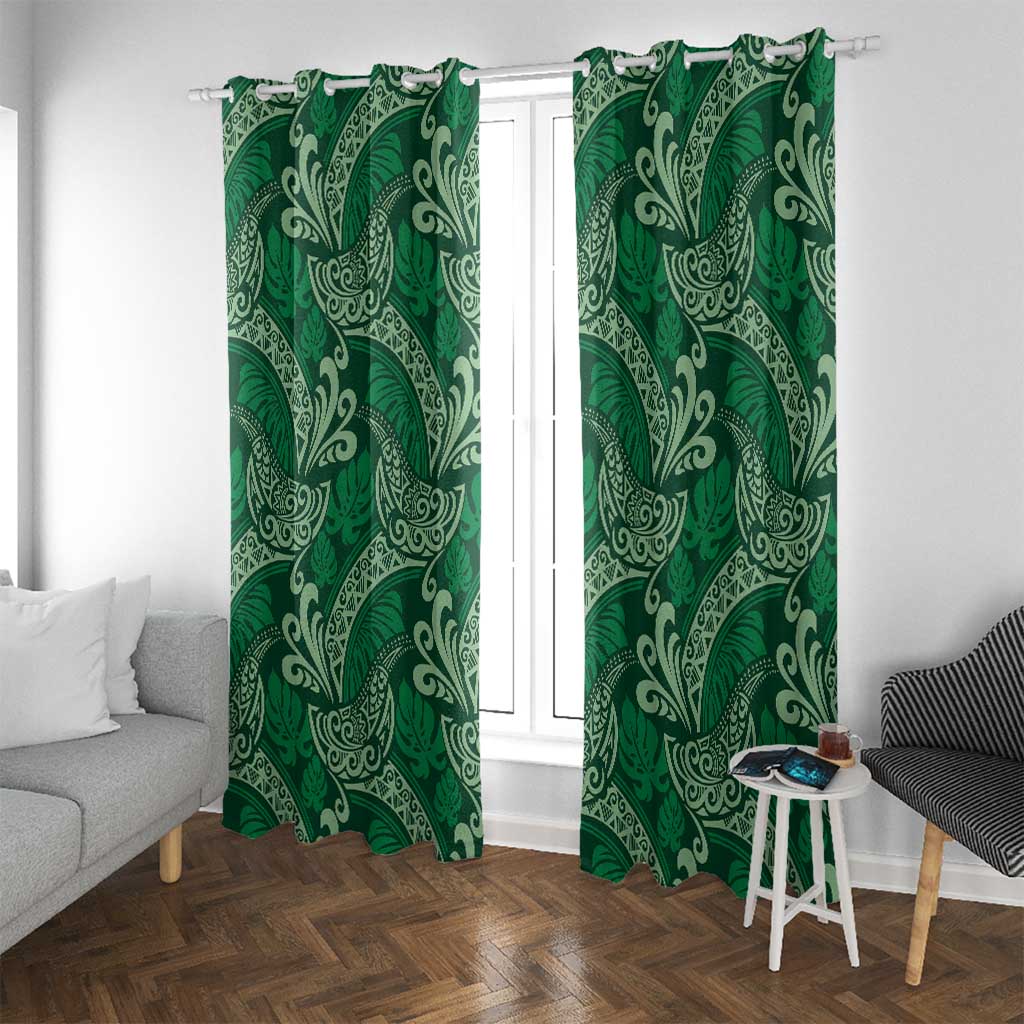 Forest Green Monstera Window Curtain Polynesian Tribal Pattern - Polynesian Pride