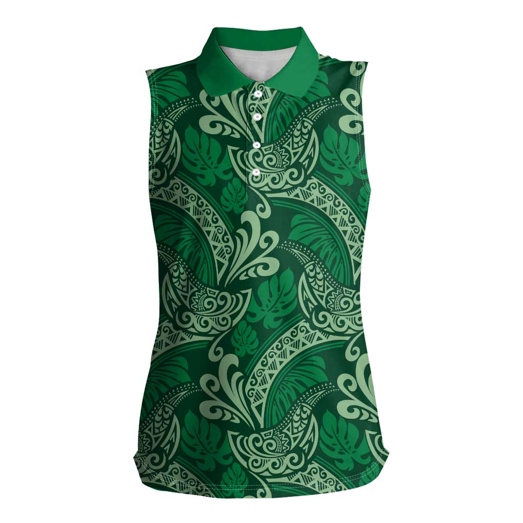 Forest Green Monstera Women Sleeveless Polo Shirt Polynesian Tribal Pattern LT01 Female Green - Polynesian Pride