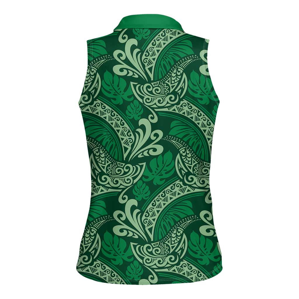 Forest Green Monstera Women Sleeveless Polo Shirt Polynesian Tribal Pattern LT01 - Polynesian Pride