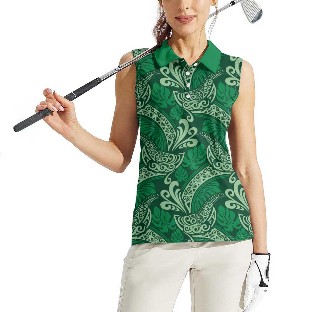 Forest Green Monstera Women Sleeveless Polo Shirt Polynesian Tribal Pattern LT01 - Polynesian Pride