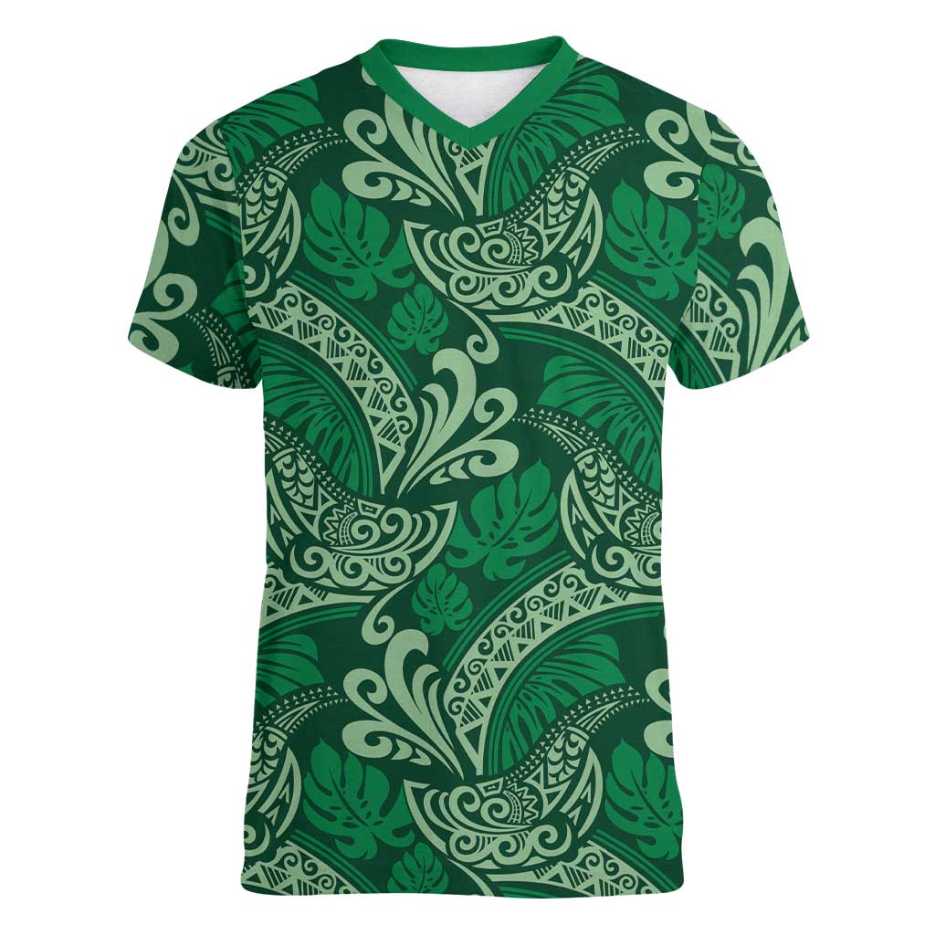 Forest Green Monstera Women V-Neck T-Shirt Polynesian Tribal Pattern LT01 Female Green - Polynesian Pride
