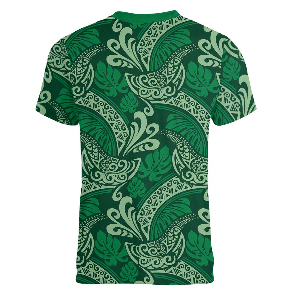 Forest Green Monstera Women V-Neck T-Shirt Polynesian Tribal Pattern LT01 - Polynesian Pride