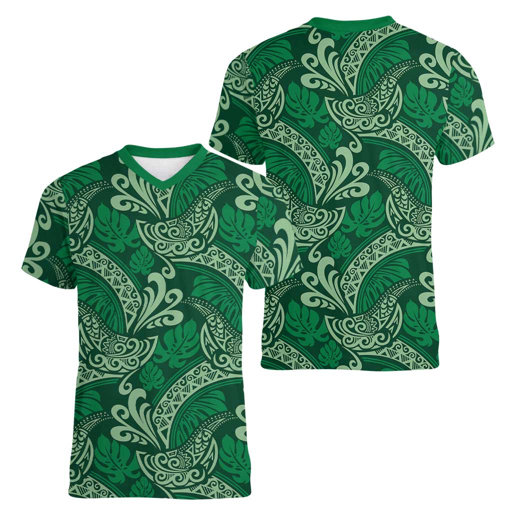 Forest Green Monstera Women V-Neck T-Shirt Polynesian Tribal Pattern LT01 - Polynesian Pride