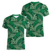 Forest Green Monstera Women V-Neck T-Shirt Polynesian Tribal Pattern LT01 - Polynesian Pride