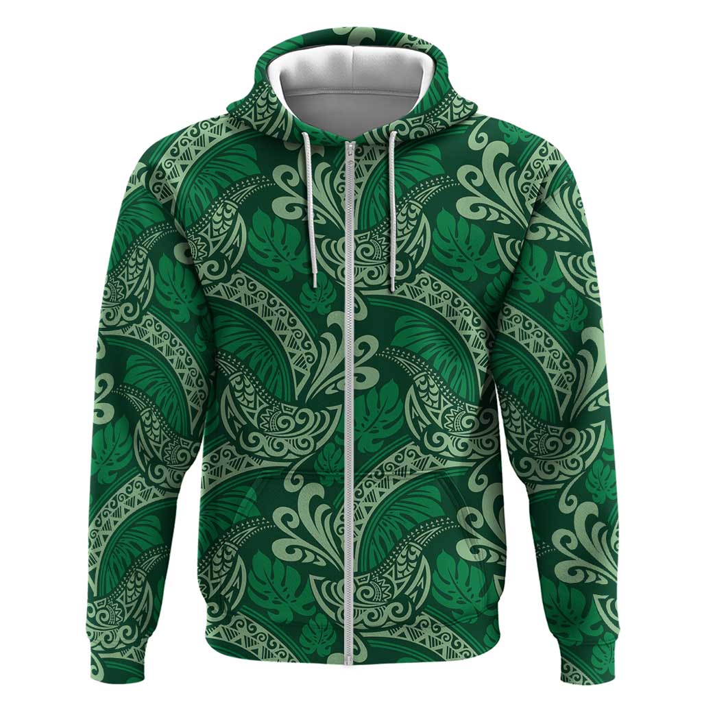 Forest Green Monstera Zip Hoodie Polynesian Tribal Pattern LT01 Zip Hoodie Green - Polynesian Pride