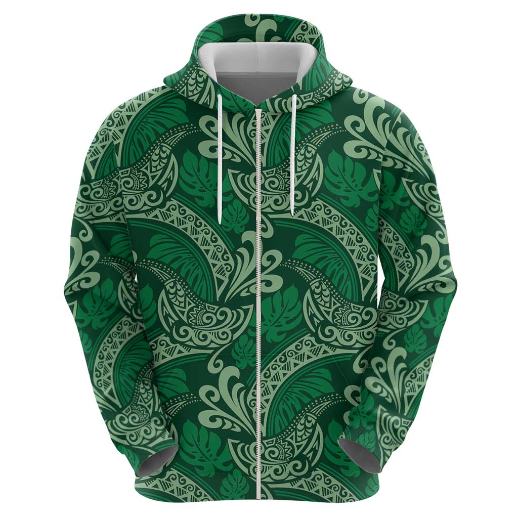 Forest Green Monstera Zip Hoodie Polynesian Tribal Pattern LT01 - Polynesian Pride
