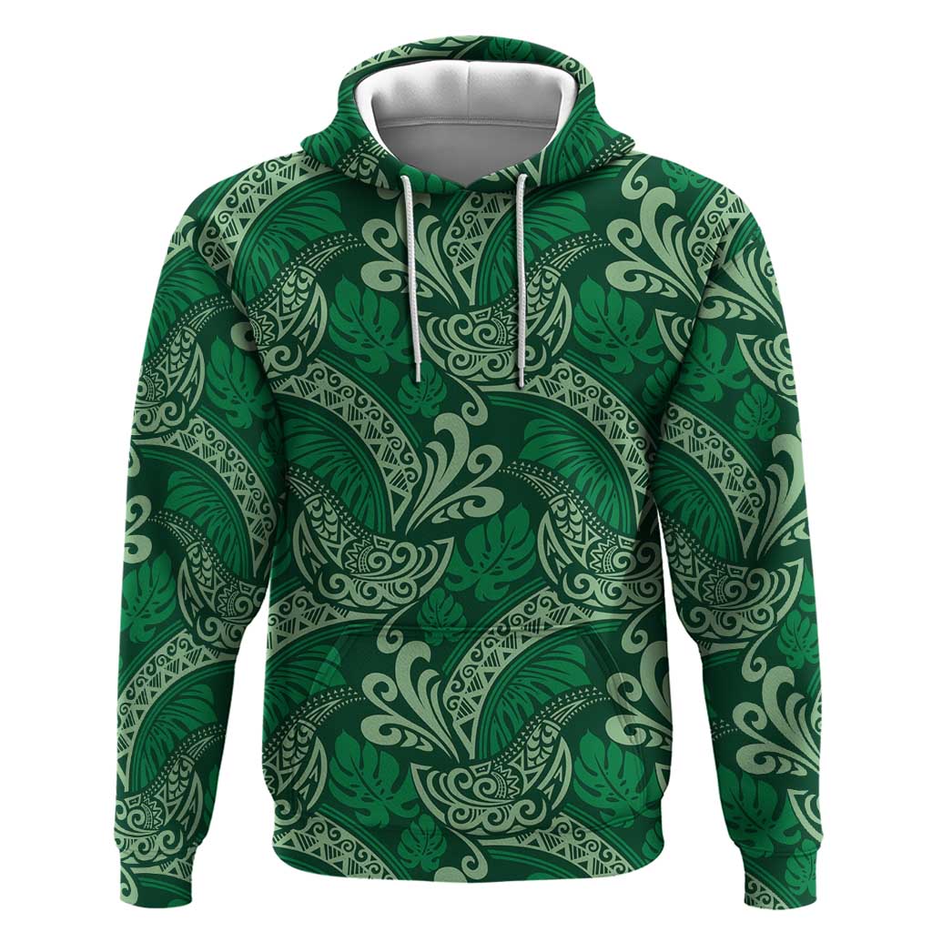 Forest Green Monstera Zip Hoodie Polynesian Tribal Pattern LT01 Pullover Hoodie Green - Polynesian Pride