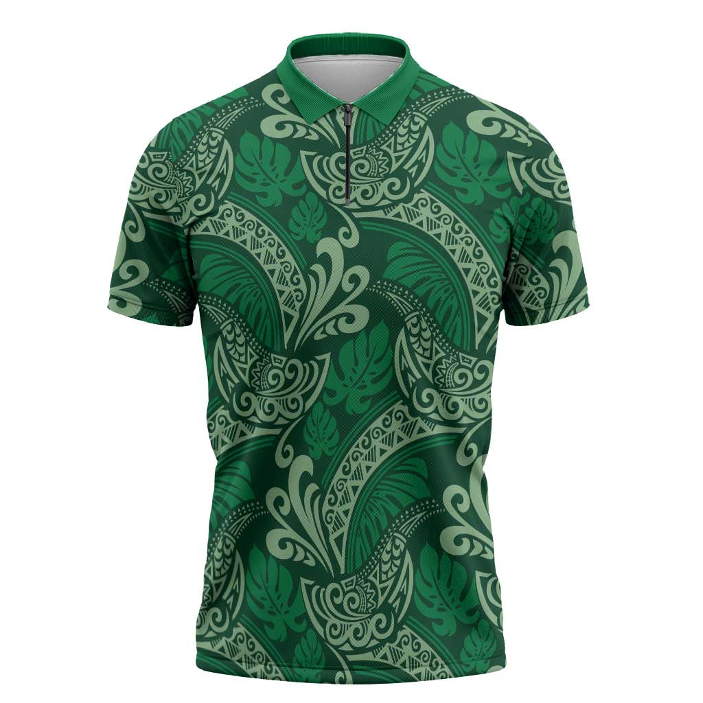 Forest Green Monstera Zipper Polo Shirt Polynesian Tribal Pattern LT01 Green - Polynesian Pride