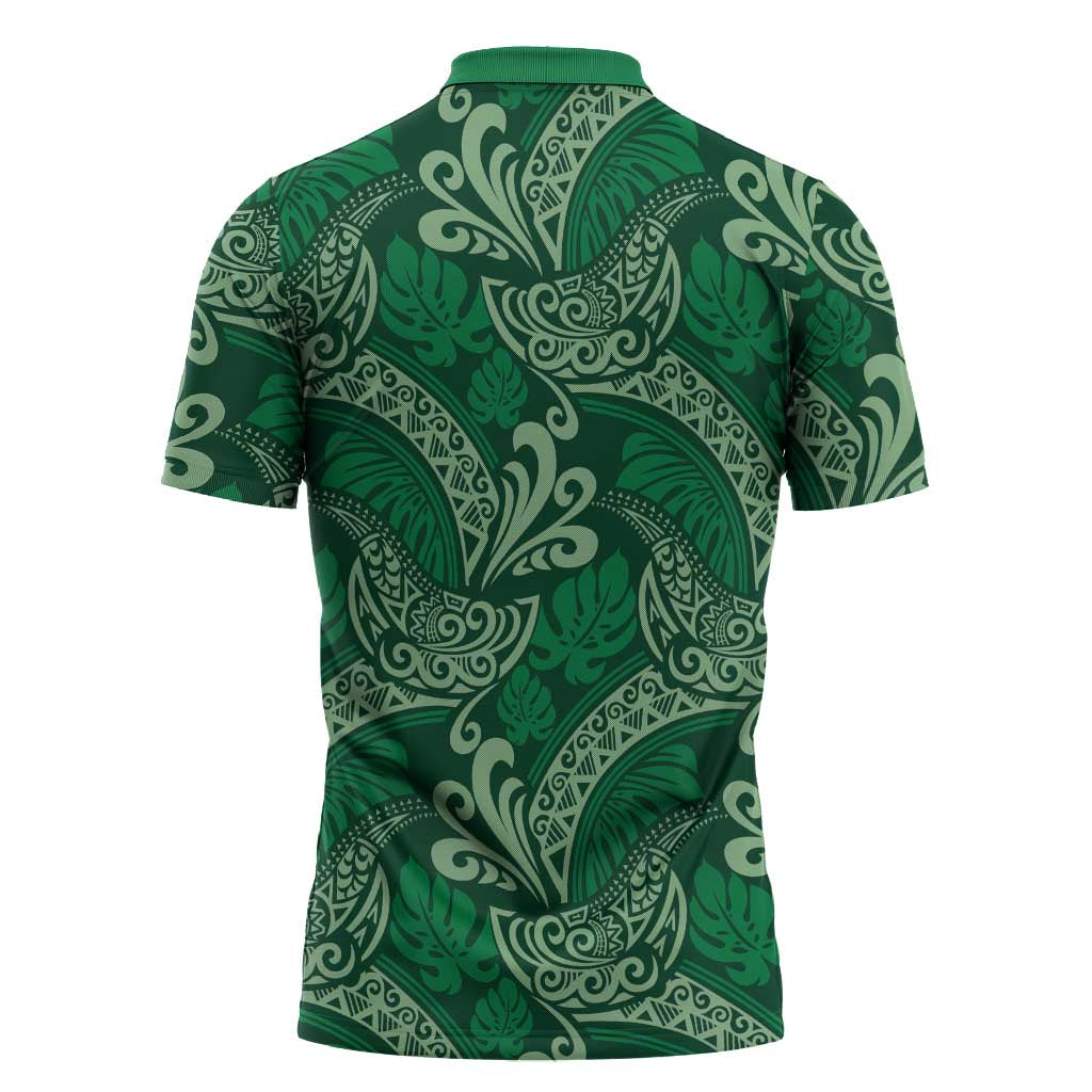 Forest Green Monstera Zipper Polo Shirt Polynesian Tribal Pattern LT01 - Polynesian Pride