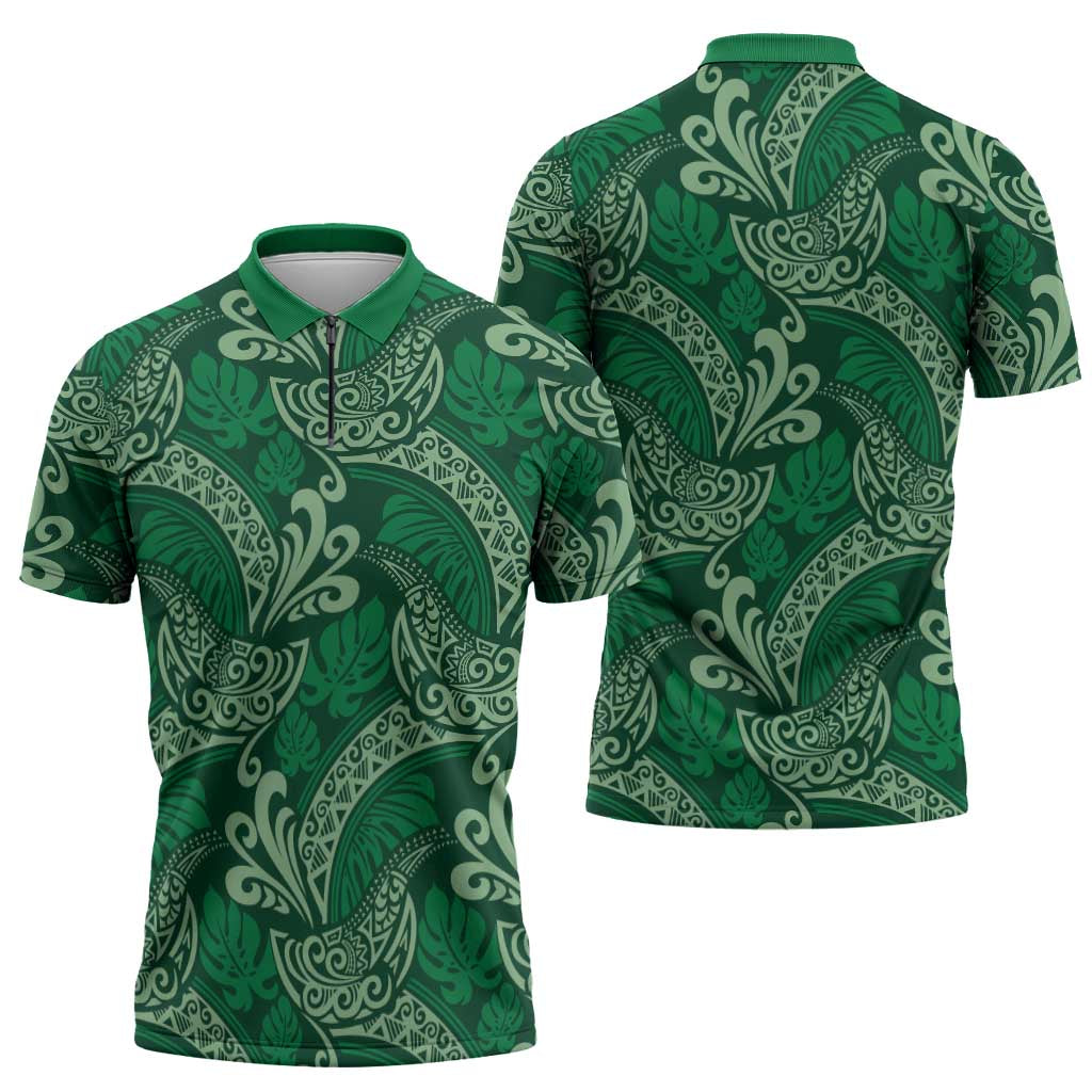 Forest Green Monstera Zipper Polo Shirt Polynesian Tribal Pattern LT01 - Polynesian Pride