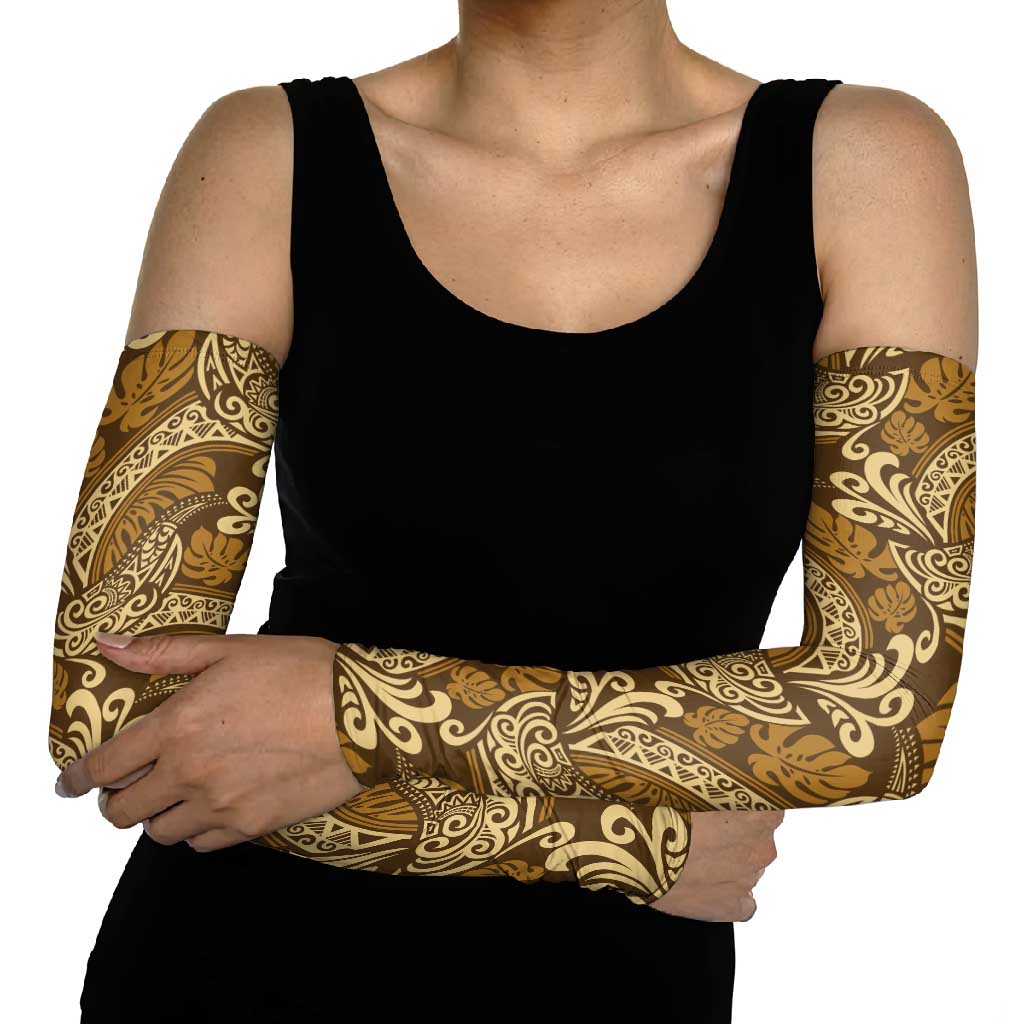 Brown Gold Monstera Arm Sleeves Polynesian Tribal Pattern LT01 - Polynesian Pride