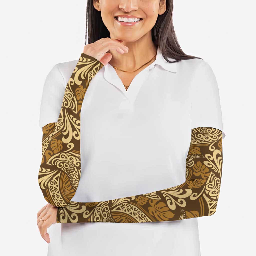 Brown Gold Monstera Arm Sleeves Polynesian Tribal Pattern LT01 - Polynesian Pride